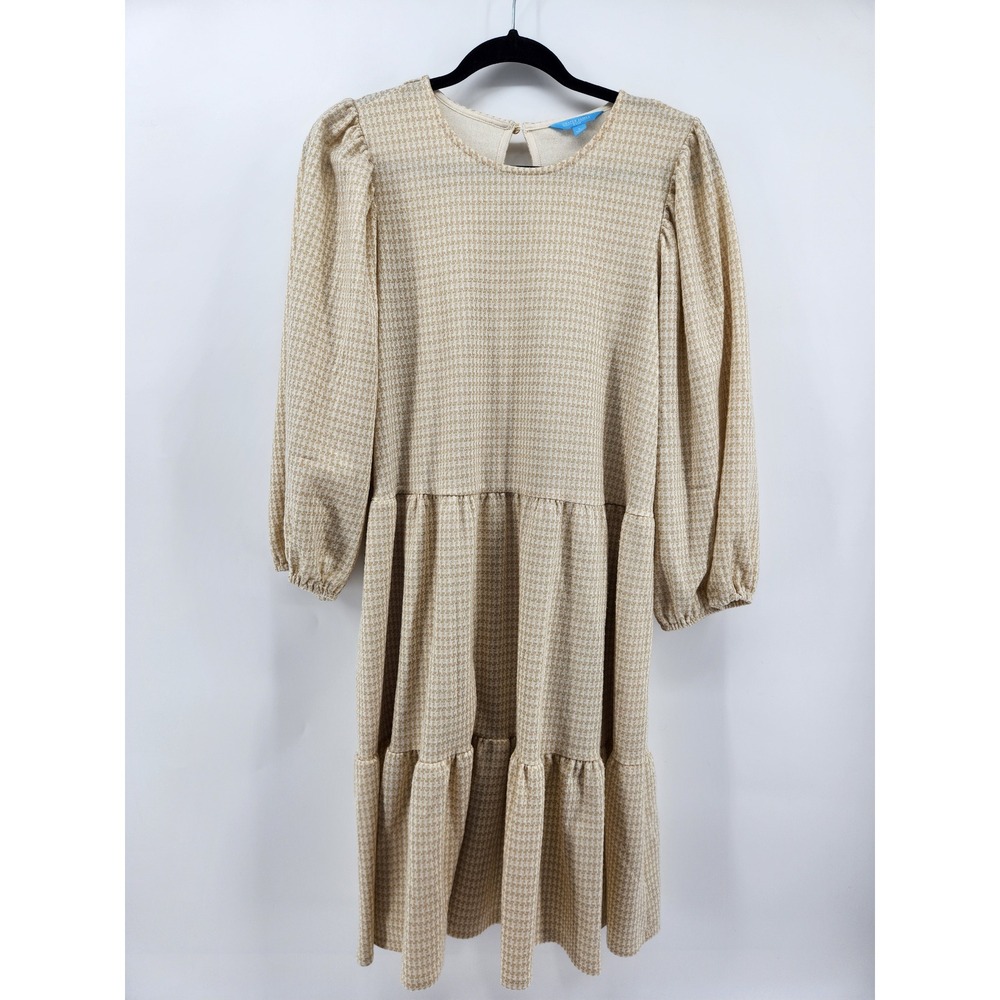 Draper James RSVP Women's Beige Houndstooth Tiered Long Sleeve Dress Size L‎